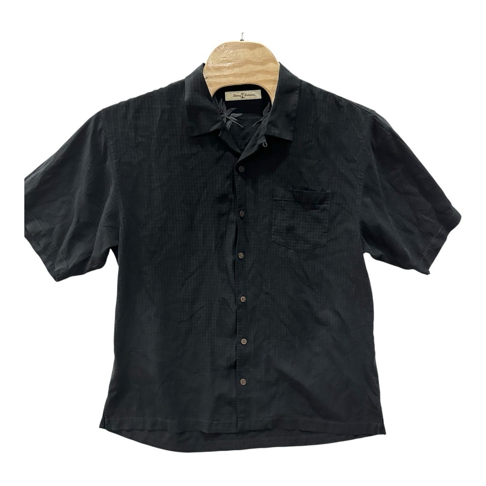 Tommy Bahama Men's XL 100% Silk Check Camp Shirt Black Button Up Hawaiian Resort